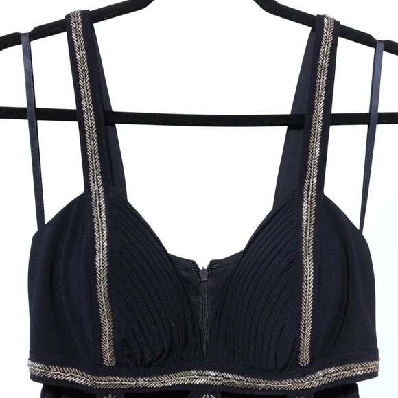 Betsy & Adam Black Gold Trim Pleated Bodice Cutout Waist Sleeveless Long Dress 4 - Picture 5 of 10